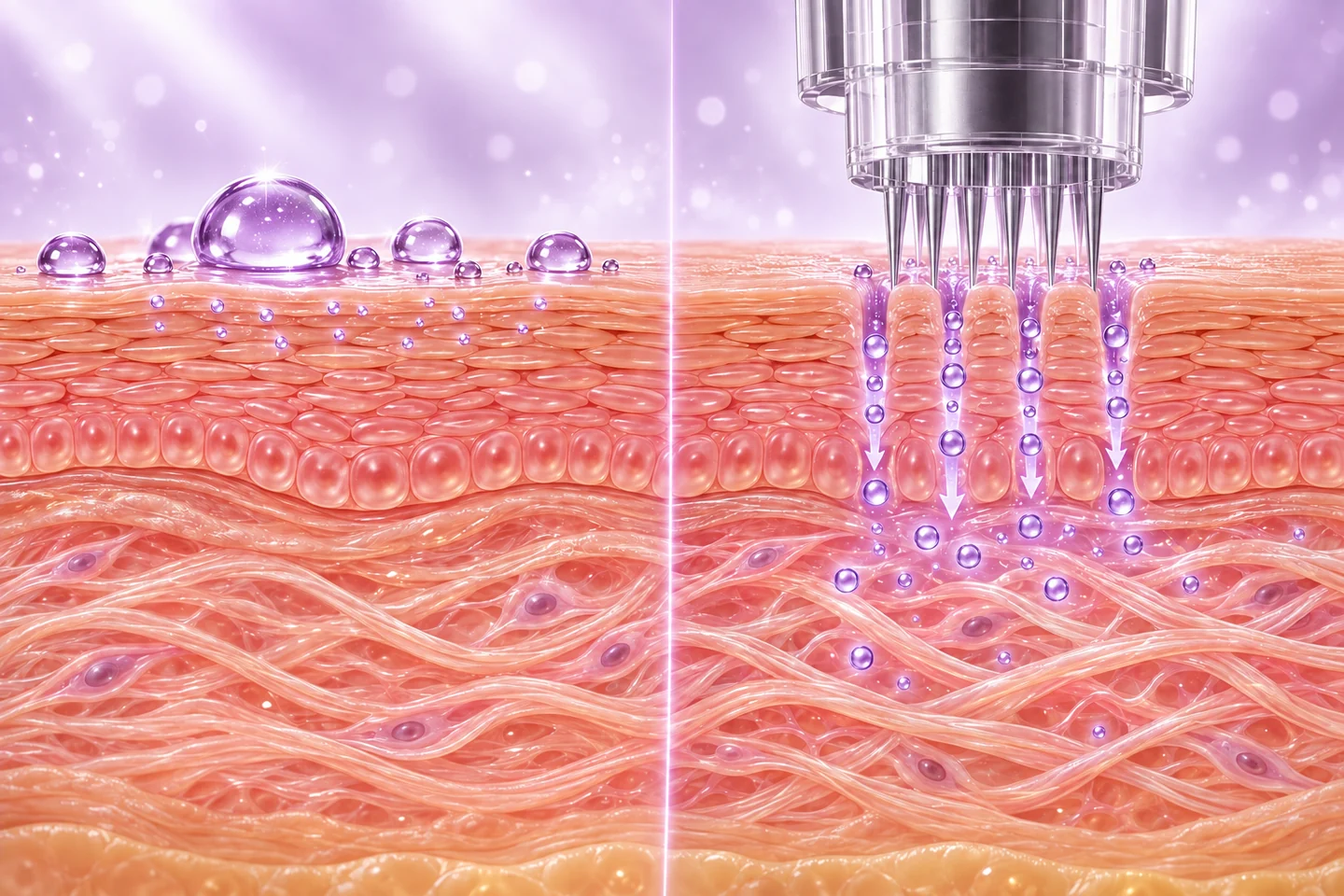 Schematischer Vergleich von aufgetragener Hautpflege und Microneedling